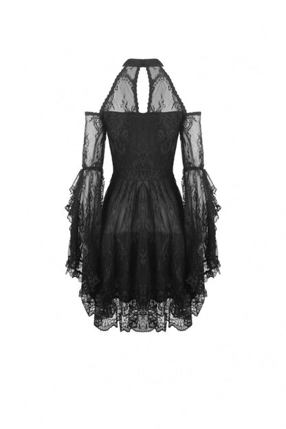 Black Off Shoulder Halterneck Long Sleeves Lace Women's Gothic Dress
