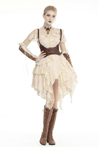 Beige Irregular Multi-Layered Ruffled Lace Women's Steampunk Vintage Dress