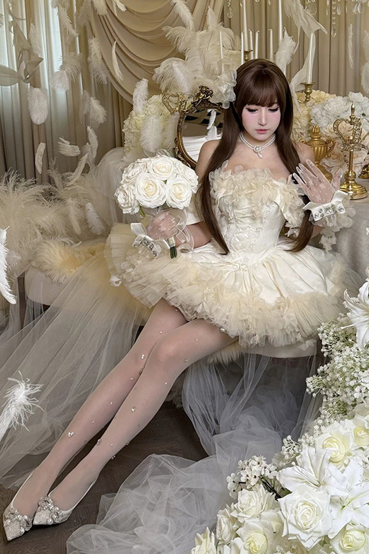 Apricot [Dream Confession] Sleeveless Multi-Layered Ruffled Hanayome Bow Lace Lace-Up Sweet Lolita Jsk Dress Short Version