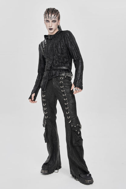 Black Long Sleeves Irregular Hooded Straps Eyelet Men's Punk Blouse