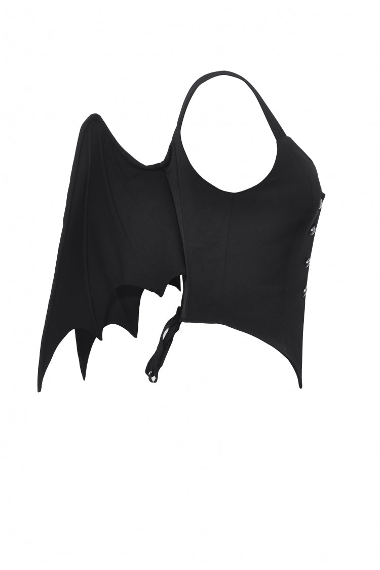 Black Lace-Up Buttons Back Bat Wings Women's Gothic Vest