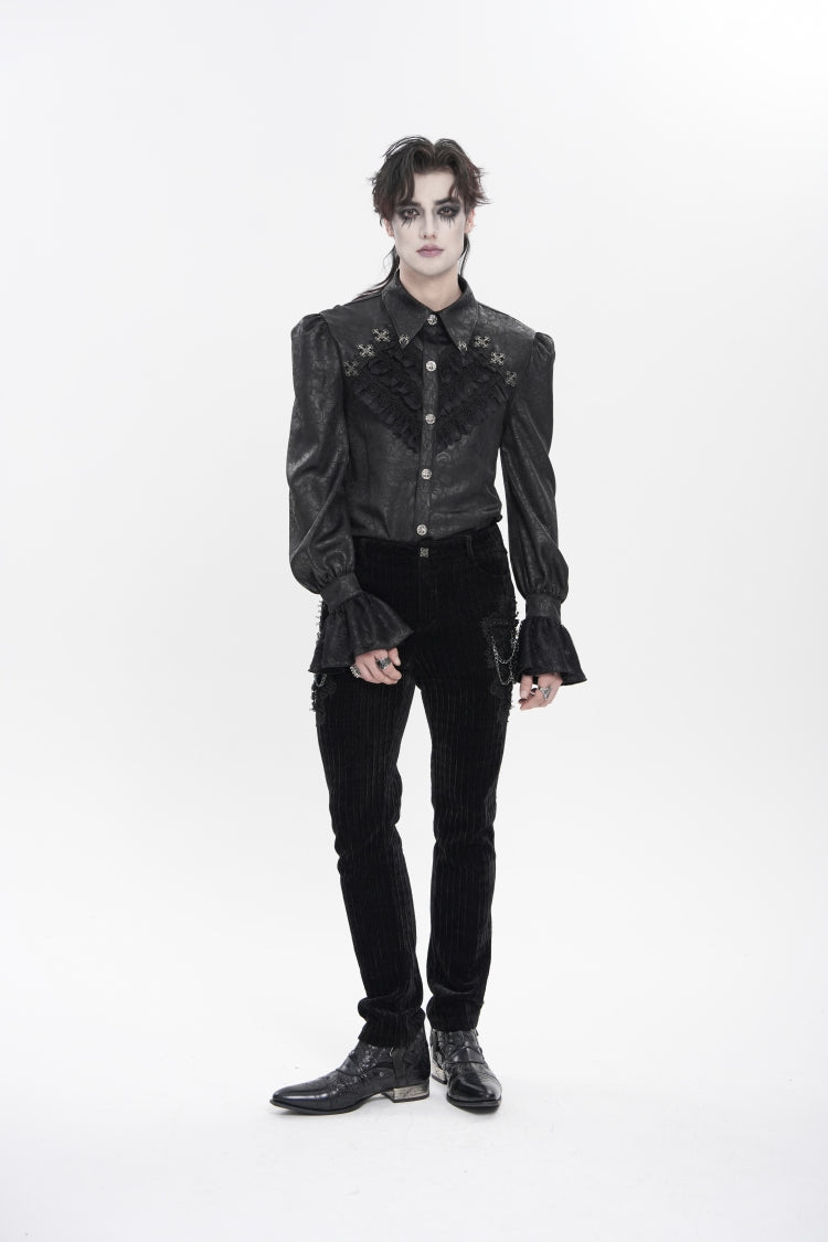 Black Cross Spider Turn-down Collar Long Trumpet Sleeves Printed Lace Men's Gothic Shirt