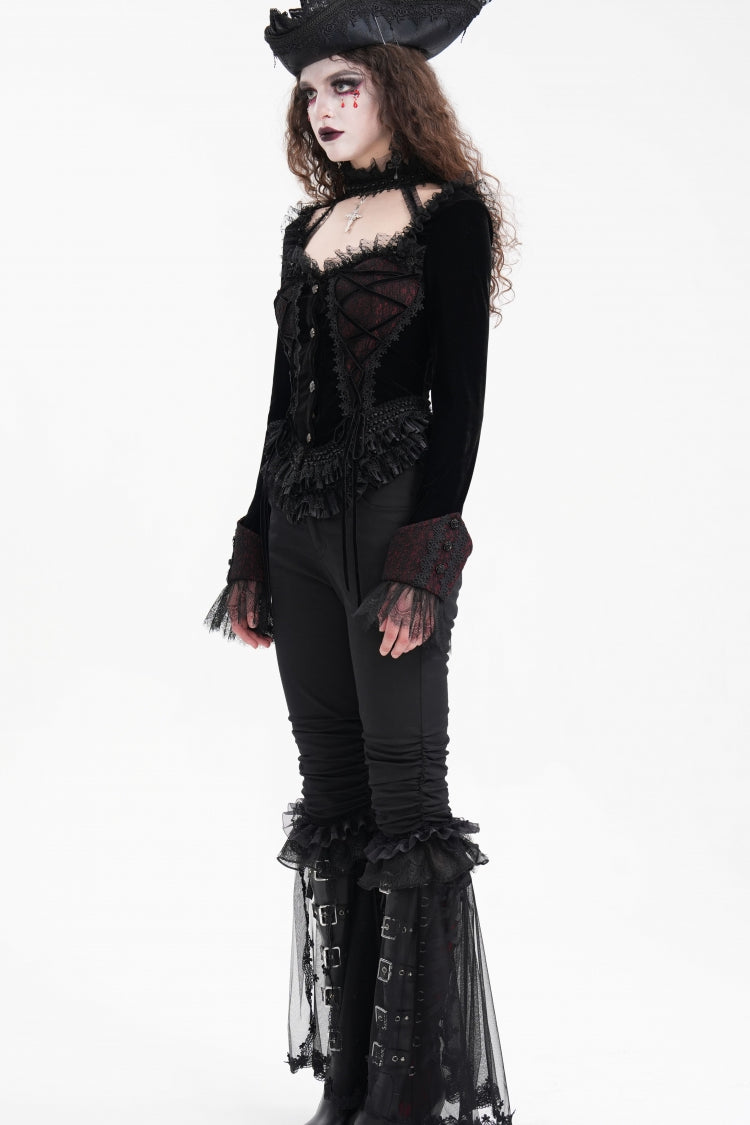 Black Long Sleeves Ruffle Lace-Up Mesh Women's Gothic Blouse