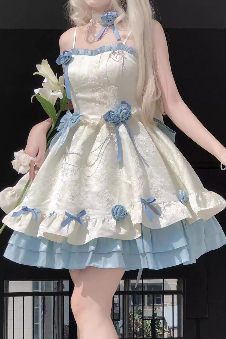 Apricot/Blue Print Ruffle Bowknot Sweet Princess Lolita Jsk Dress
