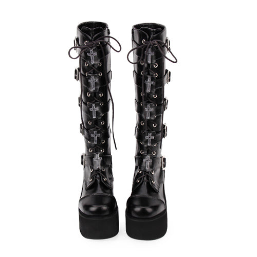 Black Cross Patent Leather Lace Up Long Gothic Lolita Boots
