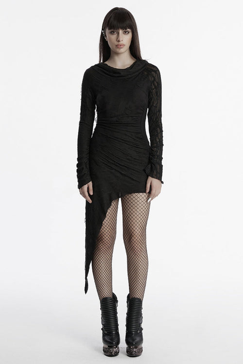 Black Long Sleeves Irregular Hooded Ripped Asymmetric Women's Punk Music Festival Dress
