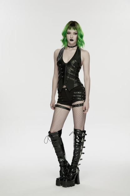 Black Halterneck Slim Studded Zippered Women's Punk Vest