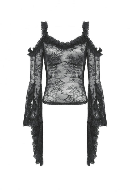 Black Off Shoulder Long Flare Sleeves Lace Women's Gothic Romantic Top