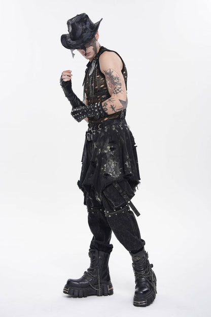 Black Irregular Ripped Buckled Pleated Chain-Decorated Men's Punk Skirt
