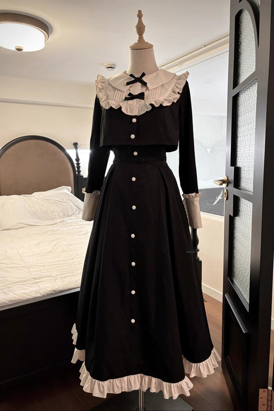 Black Long Sleeves Ruffle Bowknot Vintage Elegant Lolita Dress Two Pieces Set