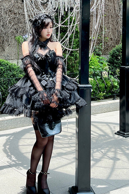 Black Princess Sleeveless Ruffle Bowknot Lace Gothic Lolita Jsk Dress