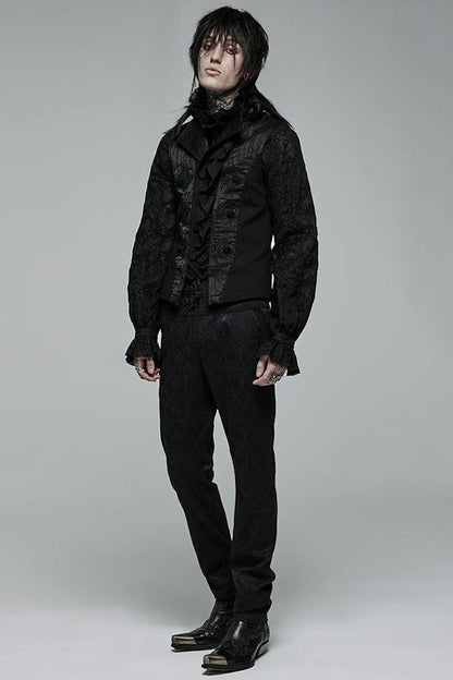 Black Gothic Noble Jacquard Embroidery Pleated Ruffle Delicate Buttons Decoration Men's Vest