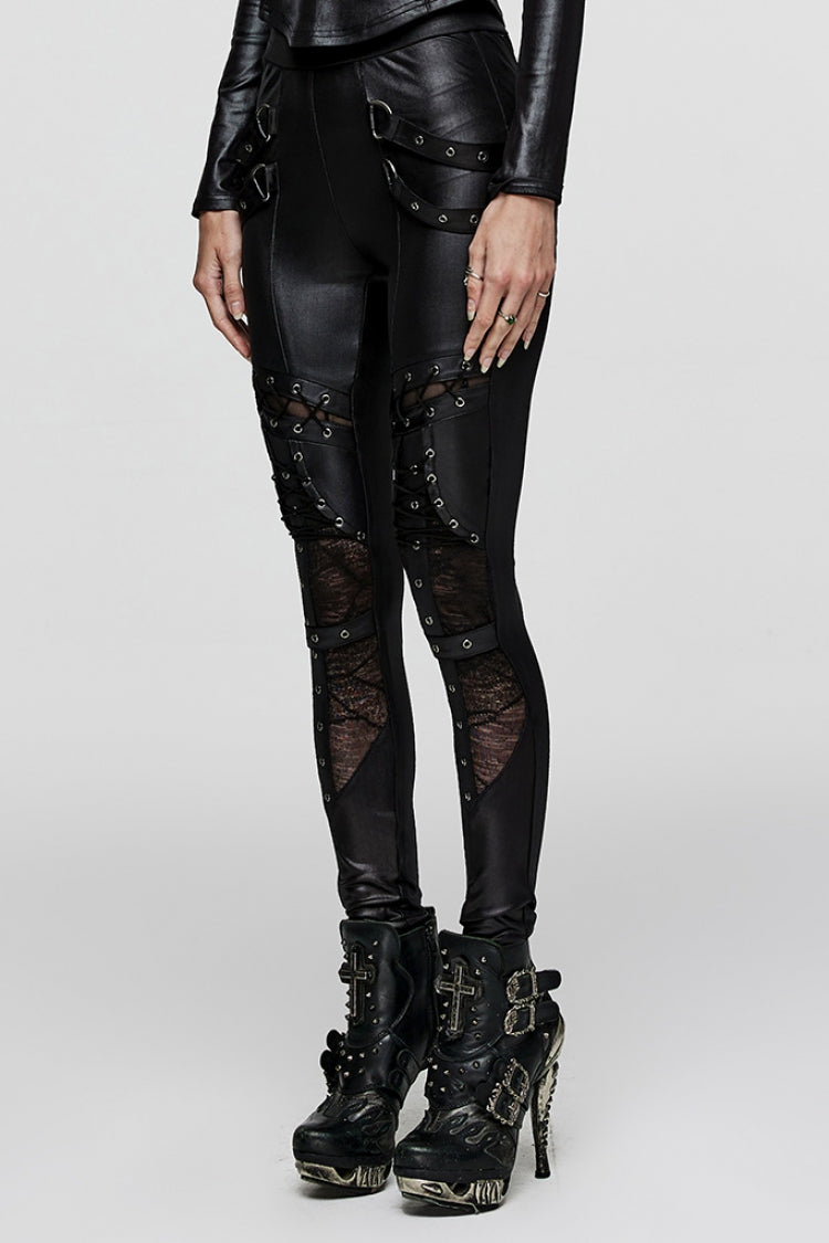 Black Hollow Metal Eyelet Strap Lace-Up Women's Steampunk Leggings