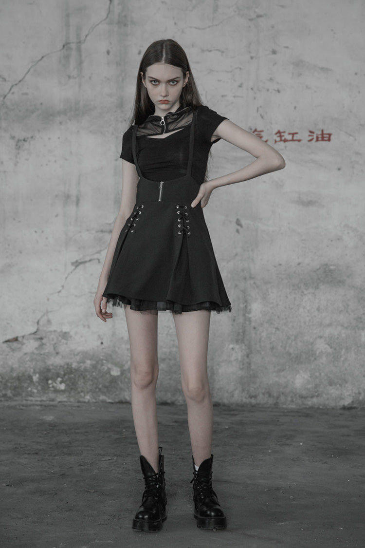 Black High Waist Bandage Zipper Braces Women's Steam Punk Skirt