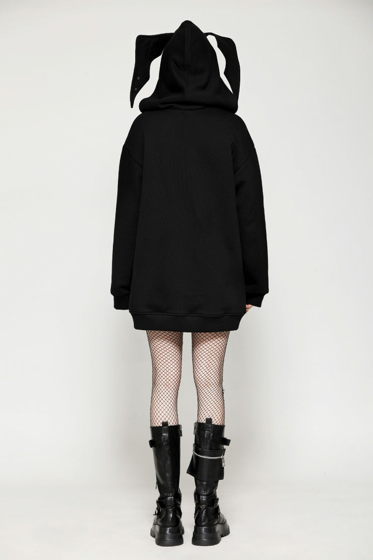 Black Long Sleeves Zippered Women's Gothic Batwing Hoodie