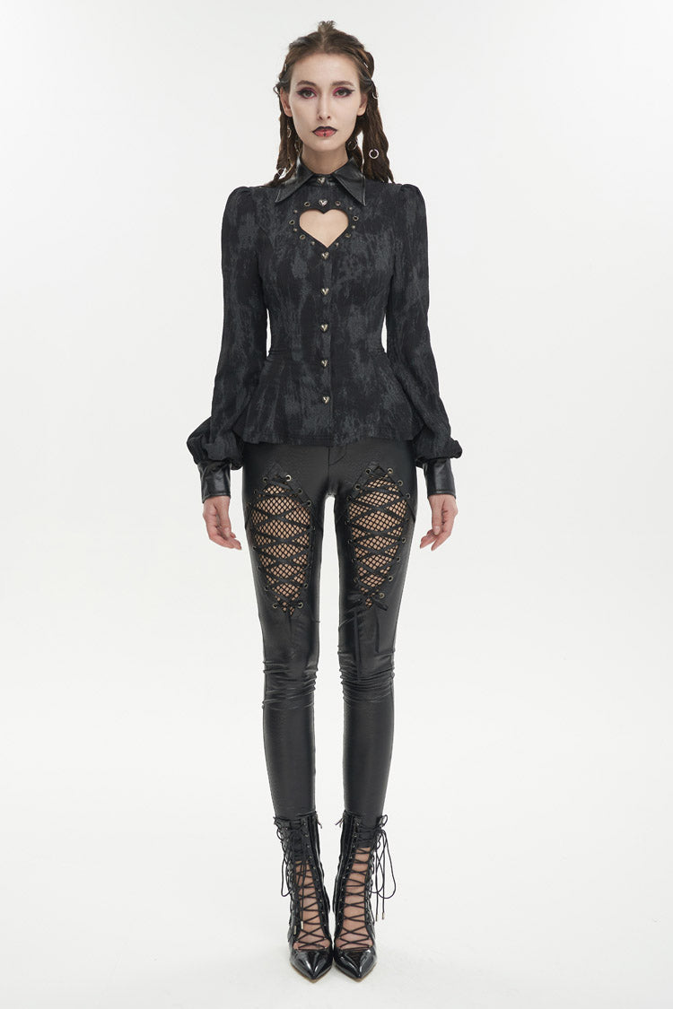 Black Leather lapel Heart Cutout Puff Sleeved Women's Gothic Shirt