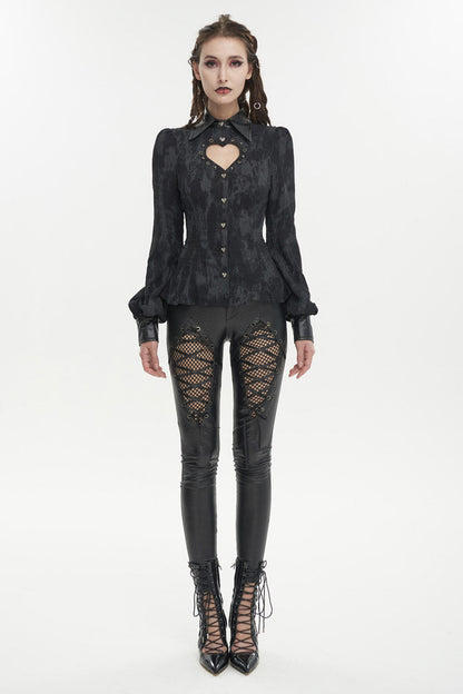 Black Leather lapel Heart Cutout Puff Sleeved Women's Gothic Shirt