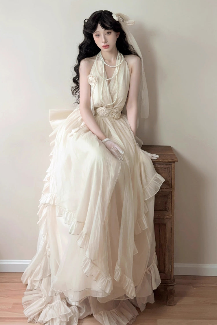 Apricot Halterneck Sleeveless Ruffle Bowknot Lace Sweet Princess Lolita Jsk Long Dress Set