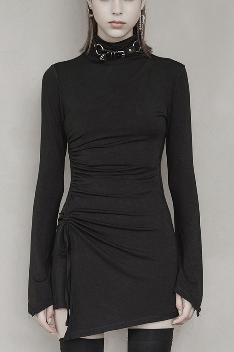 Black Cashmere Knitting Cross Fold Tie Rope Design High Collar Pleated Fit Women's Punk Dress