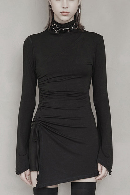 Black Cashmere Knitting Cross Fold Tie Rope Design High Collar Pleated Fit Women's Punk Dress