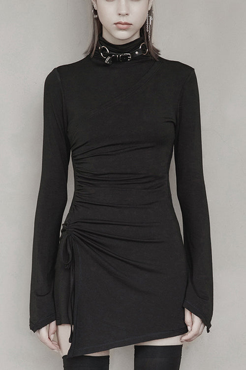 Black Cashmere Knitting Cross Fold Tie Rope Design High Collar Pleated Fit Women's Punk Dress