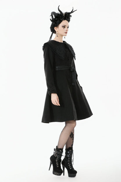Black Floral Embroidered Peter Pan Collar Long Sleeves Bowknot Women's Gothic Coat