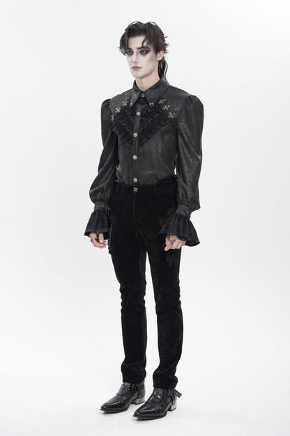 Black Cross Spider Turn-down Collar Long Trumpet Sleeves Printed Lace Men's Gothic Shirt