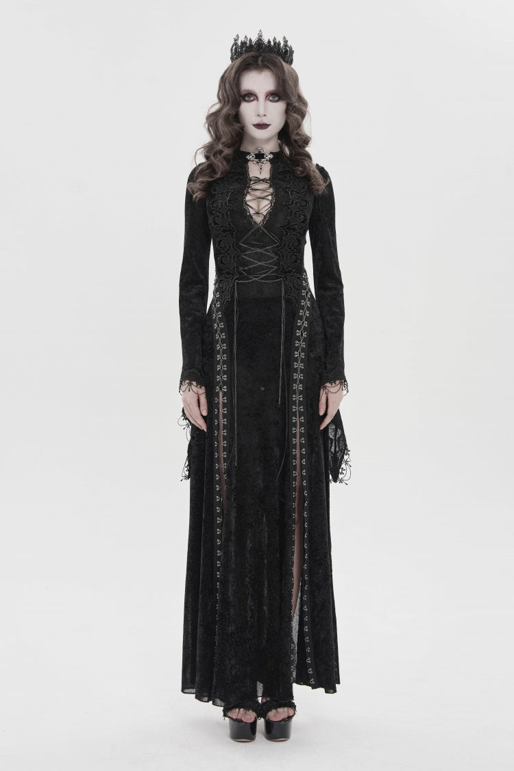 Black Halterneck Long Trumpet Sleeves Hanayome Lace Lace-Up Slim Chain-Decorated Women's Gothic Dress Plunging Split Maxi Dress
