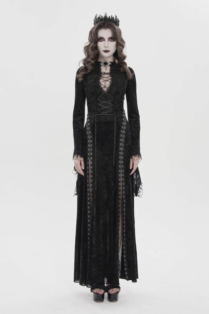 Black Halterneck Long Trumpet Sleeves Hanayome Lace Lace-Up Slim Chain-Decorated Women's Gothic Dress Plunging Split Maxi Dress