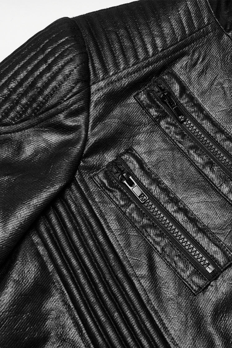 Black Long Sleeves Ruched Faux Leather Stitching Hooded Detachable Men's Punk Coat
