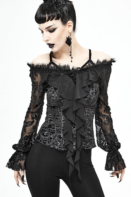 Black Lace Sleeves Velvet Sexy Womens Gothic Blouse