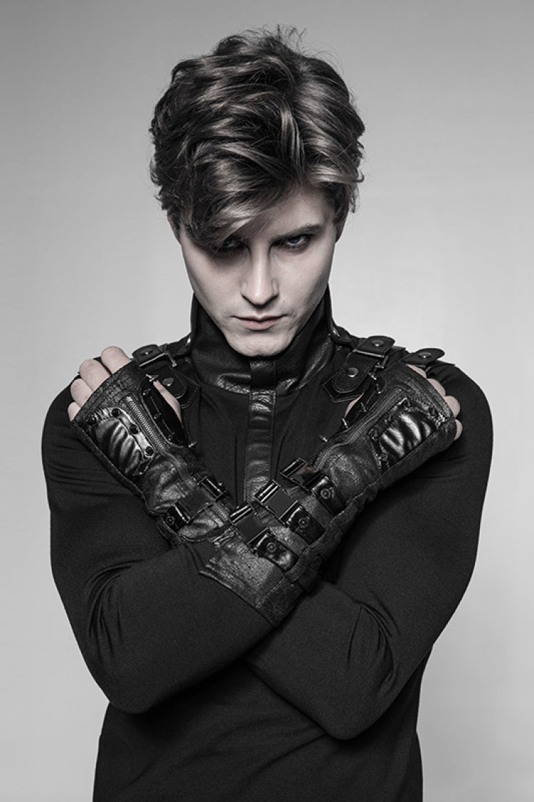 Black Faux Leather Metal Rivet Buckle Men's Steampunk Gloves