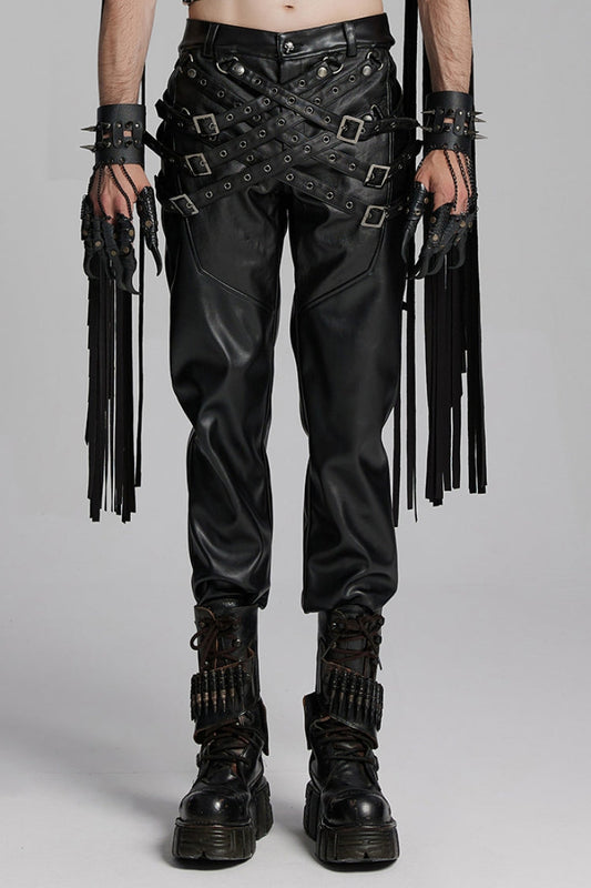 Black Mesh Buckle Strap Men's Punk Pants