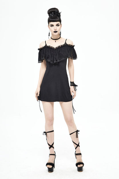 Black Lace Up Off Shoulder Chest Frilly Side Women's Punk T-Shirt