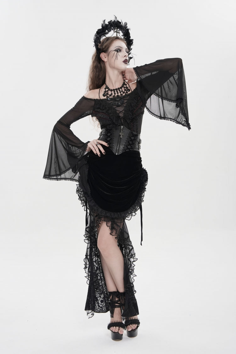 Black Crochet Lace-Up Slim Zippered Women's Gothic Accessory Zip Girdle