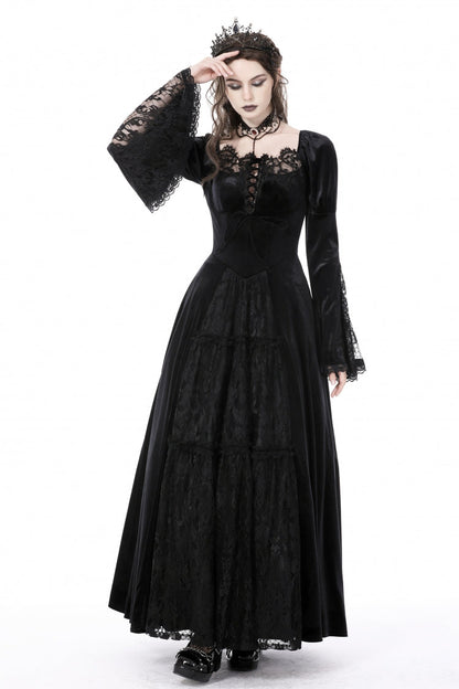 Black Long Puff Sleeves Spliced Lace Lace-Up Women's Gothic Vintage Velvet Wedding Dress