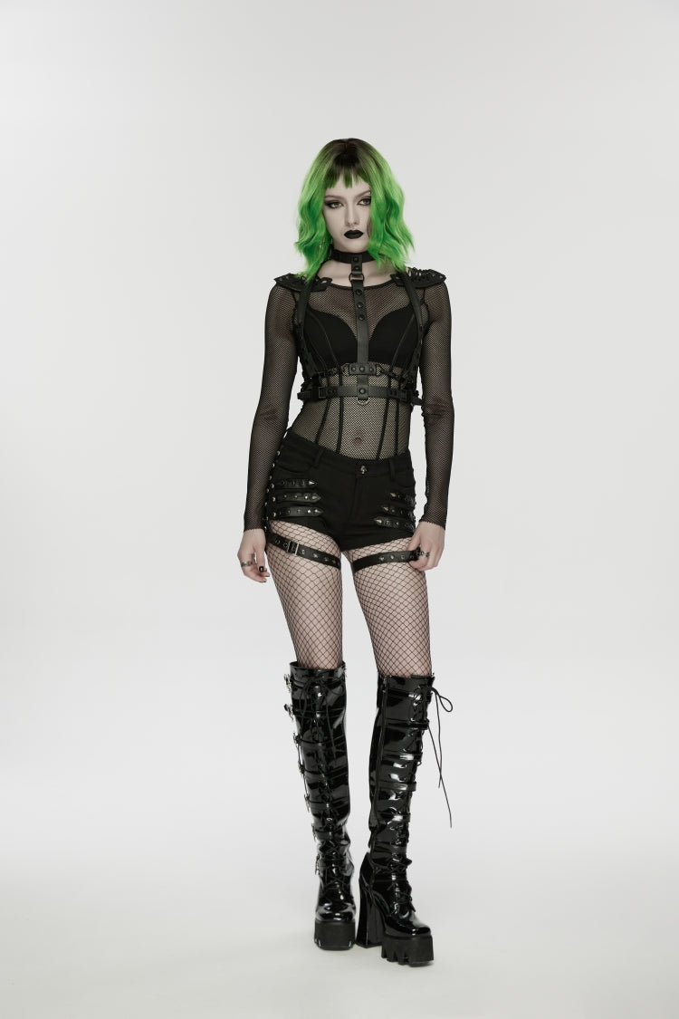 Black  Studded Women's Punk Shorts with Detachable Leg Harnesses