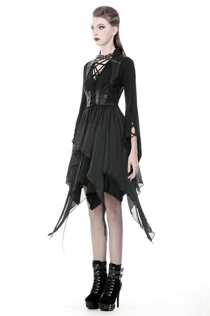 Black Chiffon Sleeveless Cut-Out Chest Irregular Hem Lace-Up Buckled Women's Punk Jacket