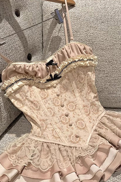 Apricot Multi-Layered Print Ruffle Embroidery Bowknot Sweet Vintage Lolita Skirt