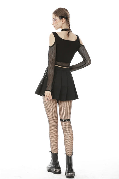 Black Off Shoulder Long Sleeves Lace-Up Chest Straps Sheer Mesh Women's Punk Top