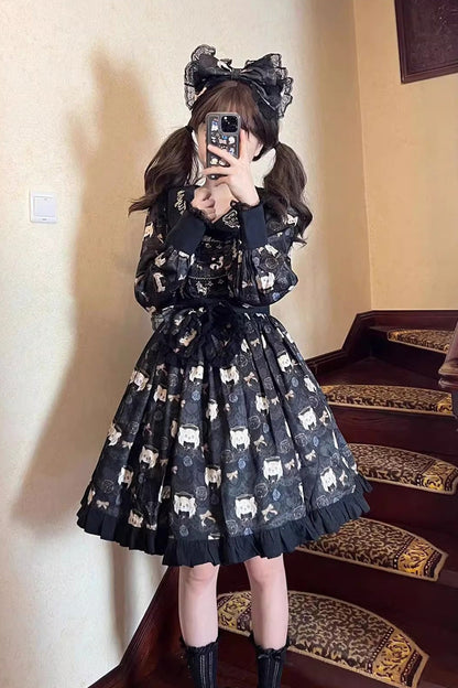 Black Long Sleeves Print Bowknot Sweet Plus Size College Style Lolita Dress