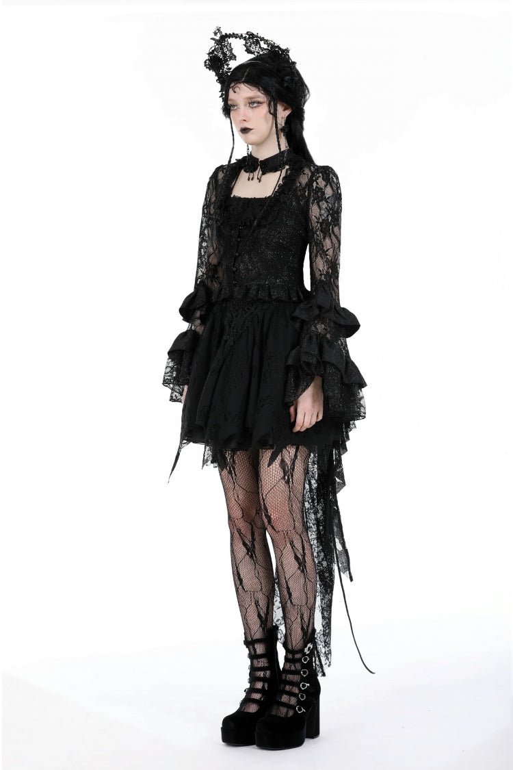 Black Multi-Layered Long Trumpet Sleeves Lace Lace-Up Women's Gothic Top
