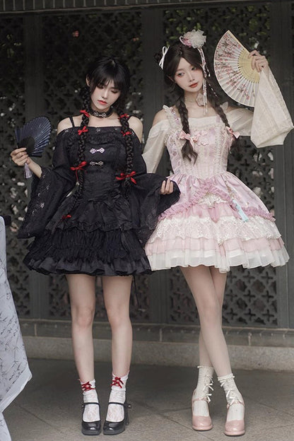 Black Bamboo Leaves Print Ruffle Lace Gothic Chinese Style Lolita Skirt