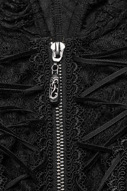Black Long Trumpet Sleeves Metal Zipper Lace Hooded Womens Gothic Dress