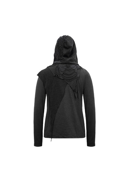 Black Long Sleeves Asymmetric Tatters Strip Leather Metal Loop Hooded Men's Punk T-Shirt