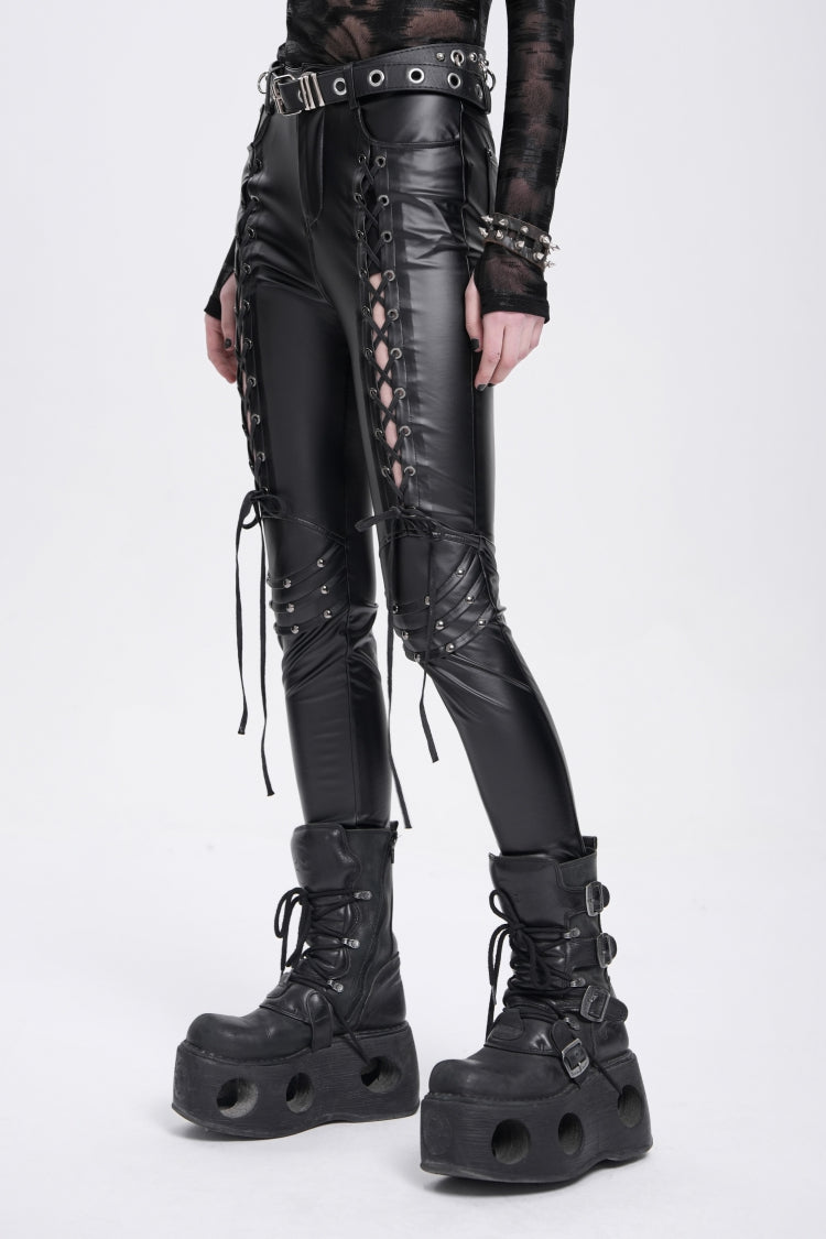 Black Lace-Up Ripped Rivet Women's Punk Pants