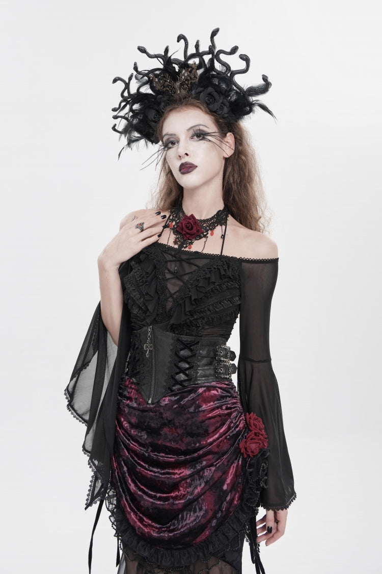 Black Off Shoulder Long Trumpet Sleeves Ruffled Embroidered Lace-Up Women's Gothic Blouse