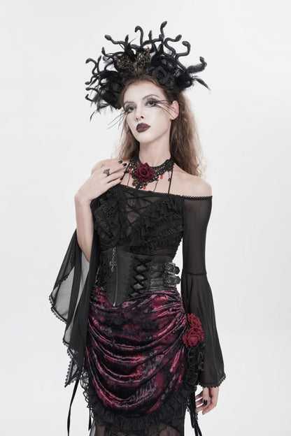 Black Off Shoulder Long Trumpet Sleeves Ruffled Embroidered Lace-Up Women's Gothic Blouse