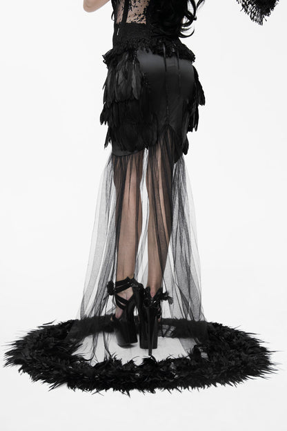 Black Mesh Fishtail Flower Feather Hem Long Satin Women's Gothic Skirt