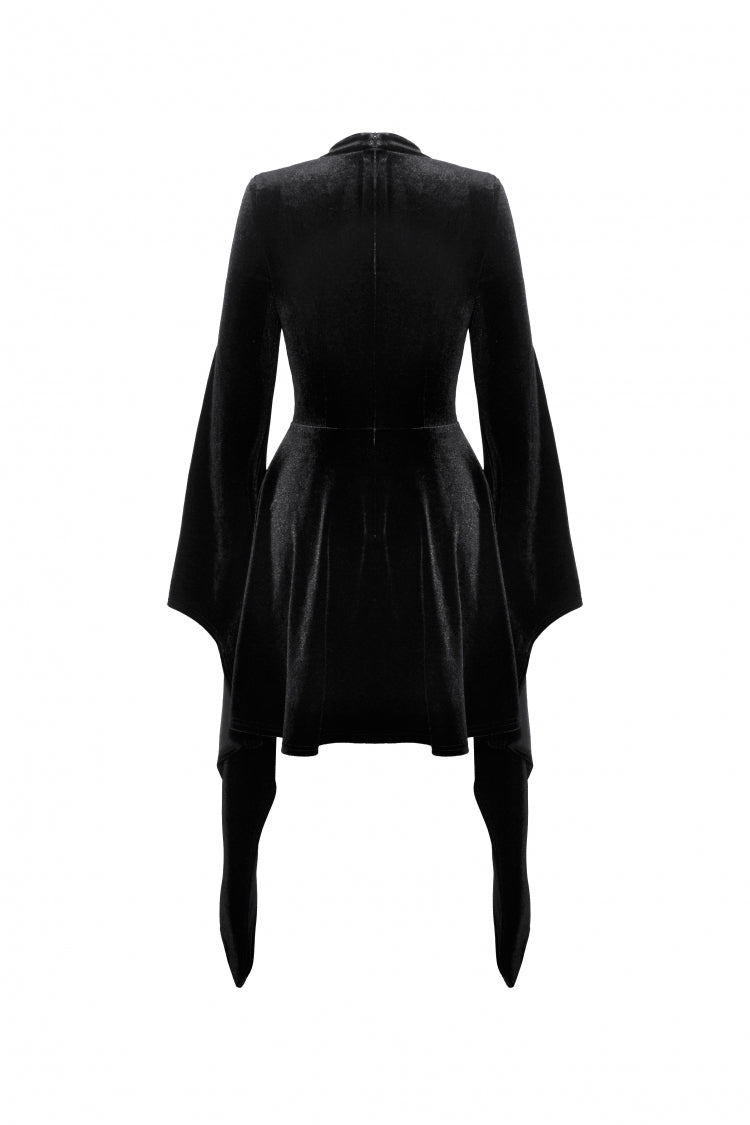 Black Long Trumpet Sleeves Spliced Lace-Up Spider Mesh Women's Gothic Velvet Wedding Dress